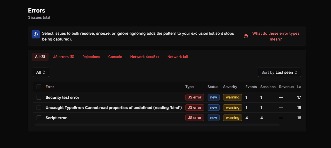 Errors view with filtering by type, status, and severity