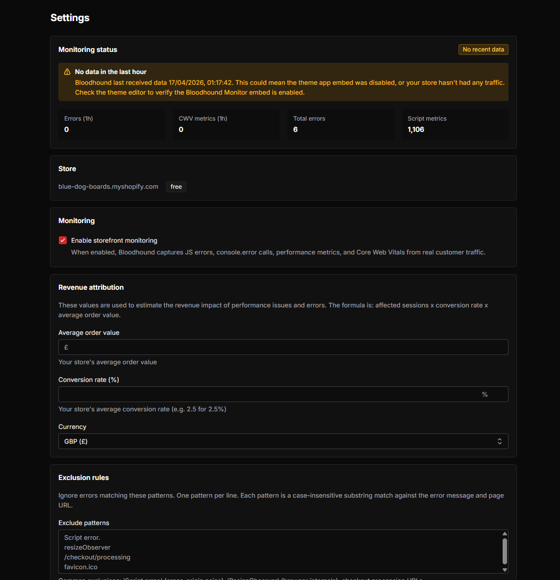 Settings page showing monitoring status, store info, revenue attribution inputs